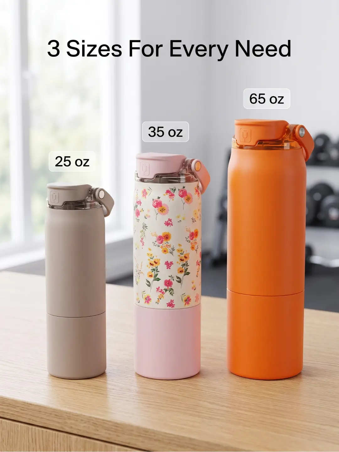 25 oz  / 35 oz / 65 oz Rise Insulated Water Bottle, 100% Leakproof Stainless Steel Straw Travel Tumbler, Silicone Sleeve Prevents Scratches and Dents