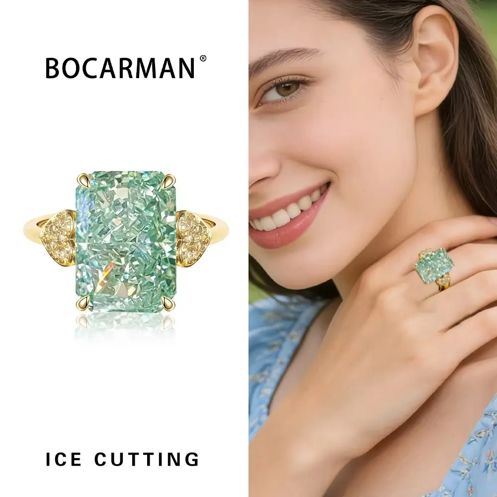 Bocarman Rectangular Ice Cut Mint Green Cubic Zirconia Copper Ring For Women Vintage Engagement Wedding Adjustable Jewelry
