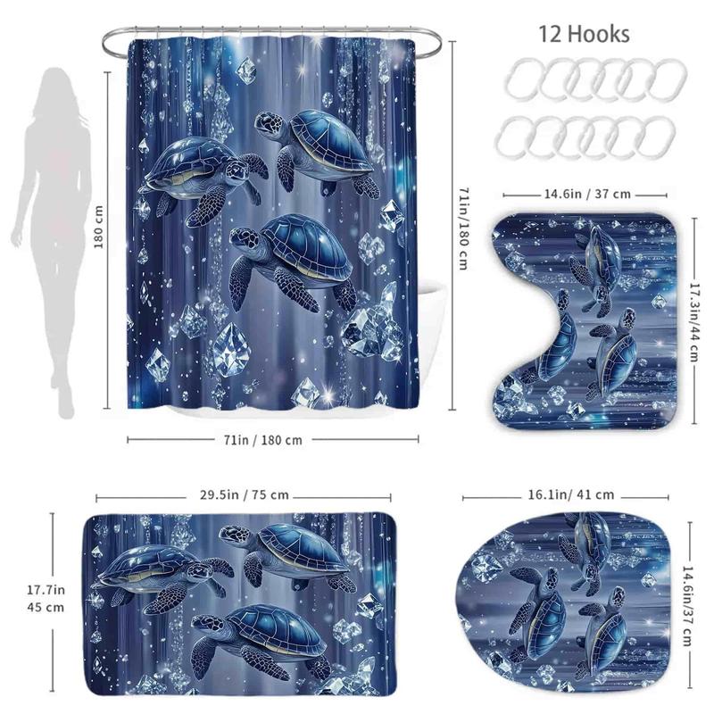 1/4pcs Sparkling Diamond And Turtle Pattern Shower Curtain Set with 12 Hooks Includes Non-Slip Bathroom Mat Toilet U-Shaped Pad Toilet Seat Cover Bathroom Decor And Bathtub Divider Perfect for Housewarming & Christmas Gifts