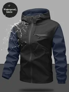 Men's Casual Hooded Chest Jacket, Colorblock Design, Large Pockets, Zipper Closure, Soft Shell Fabric, Waterproof Jacket, Outdoor Sports, All Seasons, Outdoor Sports Outerwear, Softshell Jacket
