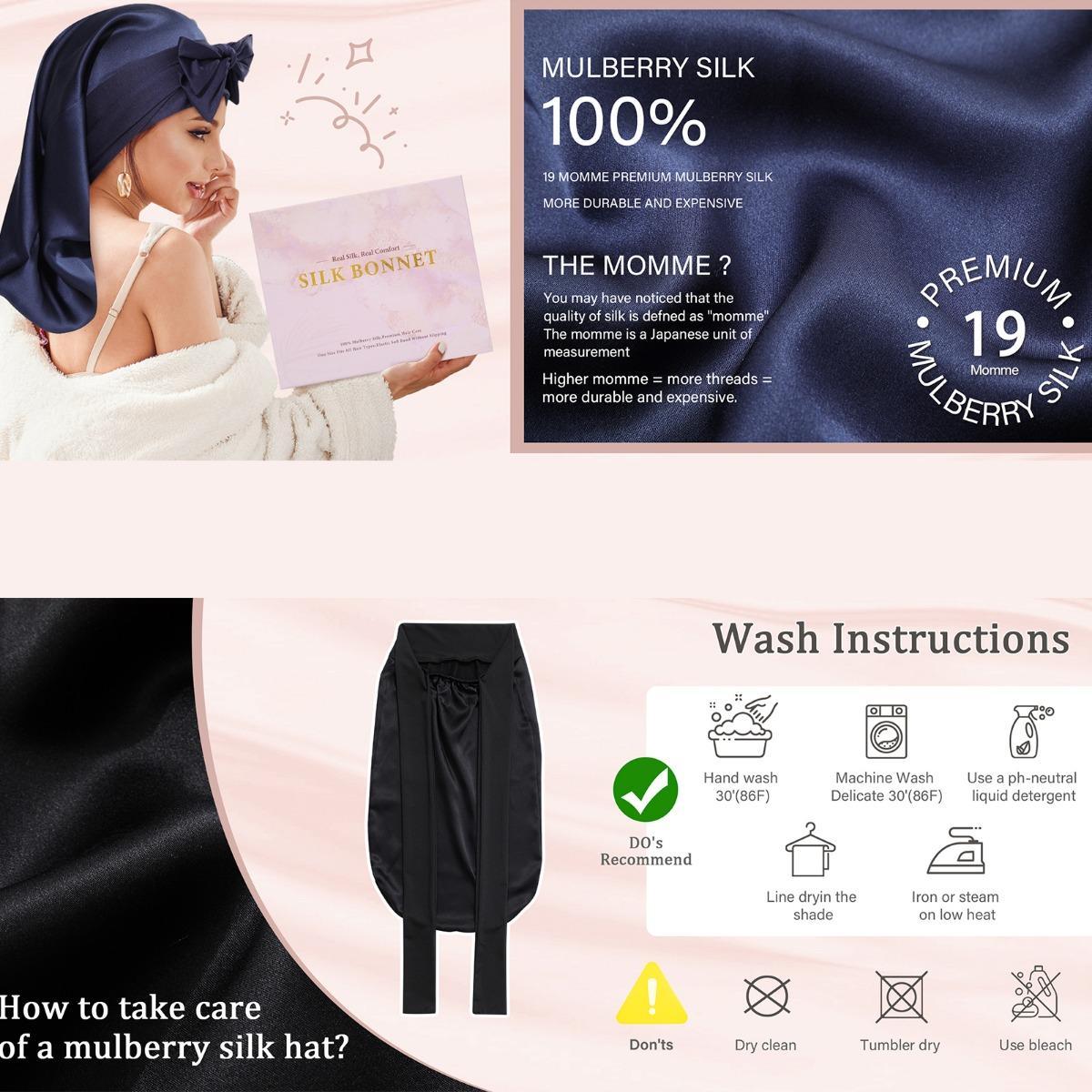 100% Mulberry Silk Bonnet for Women Long Hair Bonnet Natural Silk Sleeping Cap with Elastic Tie Band Hair Bonnets for Hair Nightcap Gifts for Female