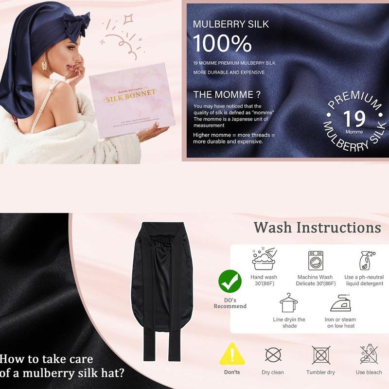 100% Mulberry Silk Bonnet for Women Long Hair Bonnet Natural Silk Sleeping Cap with Elastic Tie Band Hair Bonnets for Hair Nightcap Gifts for Female