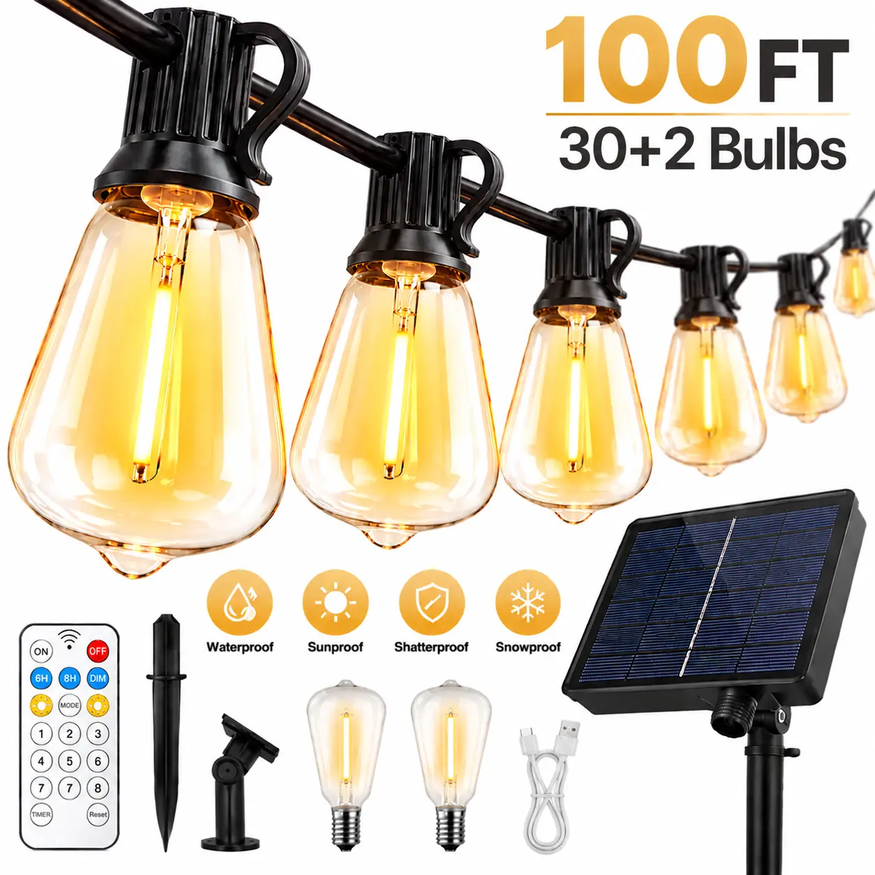 100FT Solar Outdoor String Lights,  IP 65 Waterproof LED String Lights with Shatterproof ST38 LED Bulbs Great with 8 Mood, Dimmable Brightness, Timer Function, Energy Saving Patio Lights Solar Powered for  Decor for Gardens, Camping Tents, House