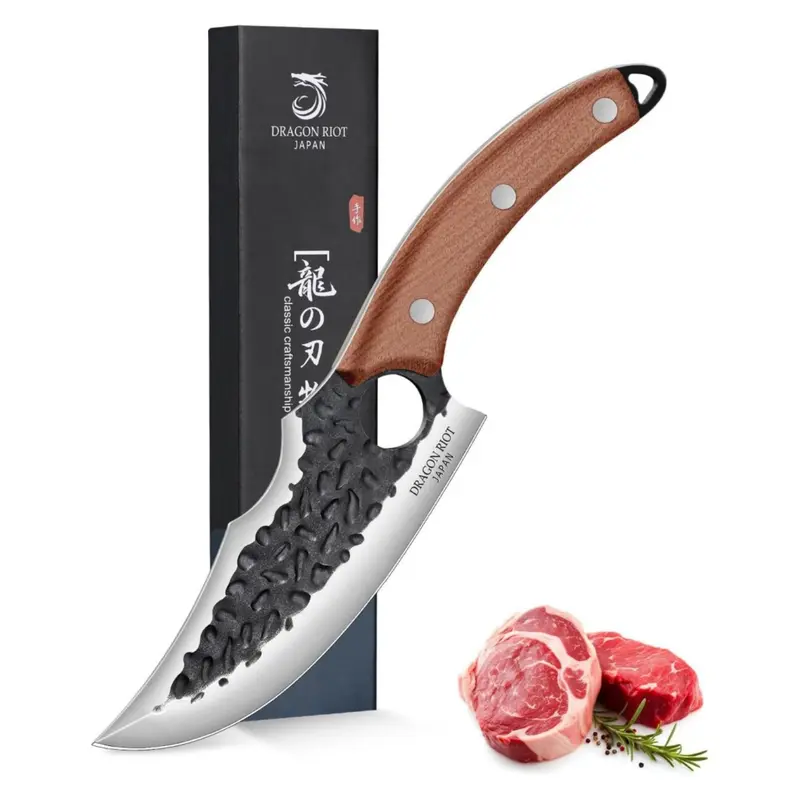 DRAGON RIOT Forged Japanese Style Meat Knife - 58±2HRC High Carbon Steel Blade, Full Tang, Wooden Handle Kitchen Knife - Ideal Dad Gift for Christmas Essential Kitchenware, Knives