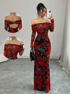 Elegant Rose Off-Shoulder Long Sleeve Floral Dress, Gowns, Autumn New Year Valentine's Day Women's Fashion, Stylish Party Wear, Perfect for Special Occasions