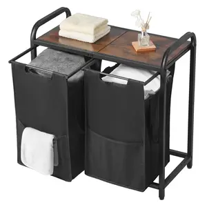 2-Section Laundry Sorter, Large Freestanding Laundry Hamper with Metal Frame, Wooden Tabletop and Pull-Out 600D Oxford Cloth Dirty Clothes Baskets, Home Bathroom Storage Organizer