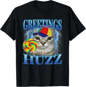 Black Graphic T-Shirt Featuring Funny Cat with Propeller Hat and Rainbow Lollipop Print, 'Greetings Huzz' Text, Casual Cotton Tee for Men and Women