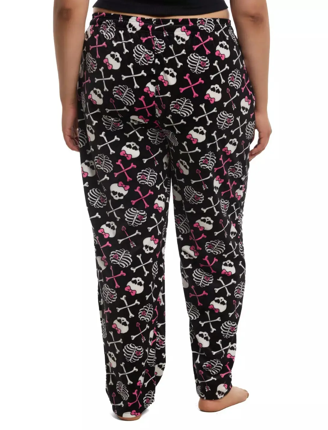 Pink Bow Skull & Ribcage Pajama Pants | Cute Y2K Emo Goth Plush Lounge Pants & Cozy Halloween Sleepwear