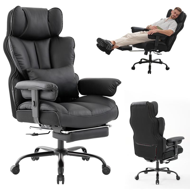 Gzagdecr Big and Tall Office Chair 400lbs PU Leather High Back Gaming Chair with Foot Rest Reclining Executive Ergonomic Office Chairs Lumbar Support Computer Chair Adjustable Armrests