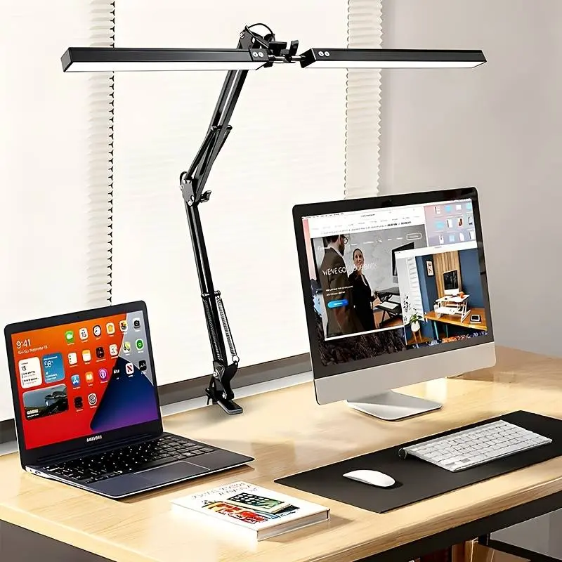 Dual Head LED Desk Lamp – Clamp-On Architect Light, 3 Color Modes & 10 Brightness, USB Powered, for Home Office Study Drawing Workbench
