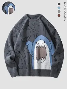 2026 #SummerVibes Men's Cartoon Shark Print Round Neck Streetwear Sweatshirt, Regular Fit Casual Street Fashion Long Sleeve Pullover for Fall & Winter, Men's Clothes for Daily Wear Sweater