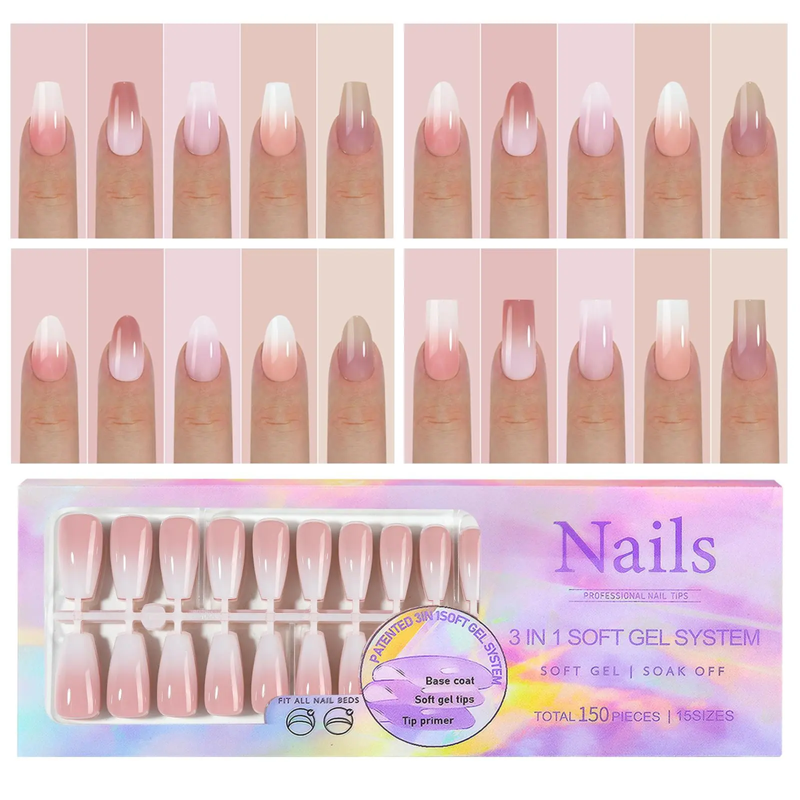 150Pcs Gradient Nude Color Almond Wearable Fake Nail Tips Press On Acrylic Nails Removable Wearing Reusable Full Cover Nail Tips
