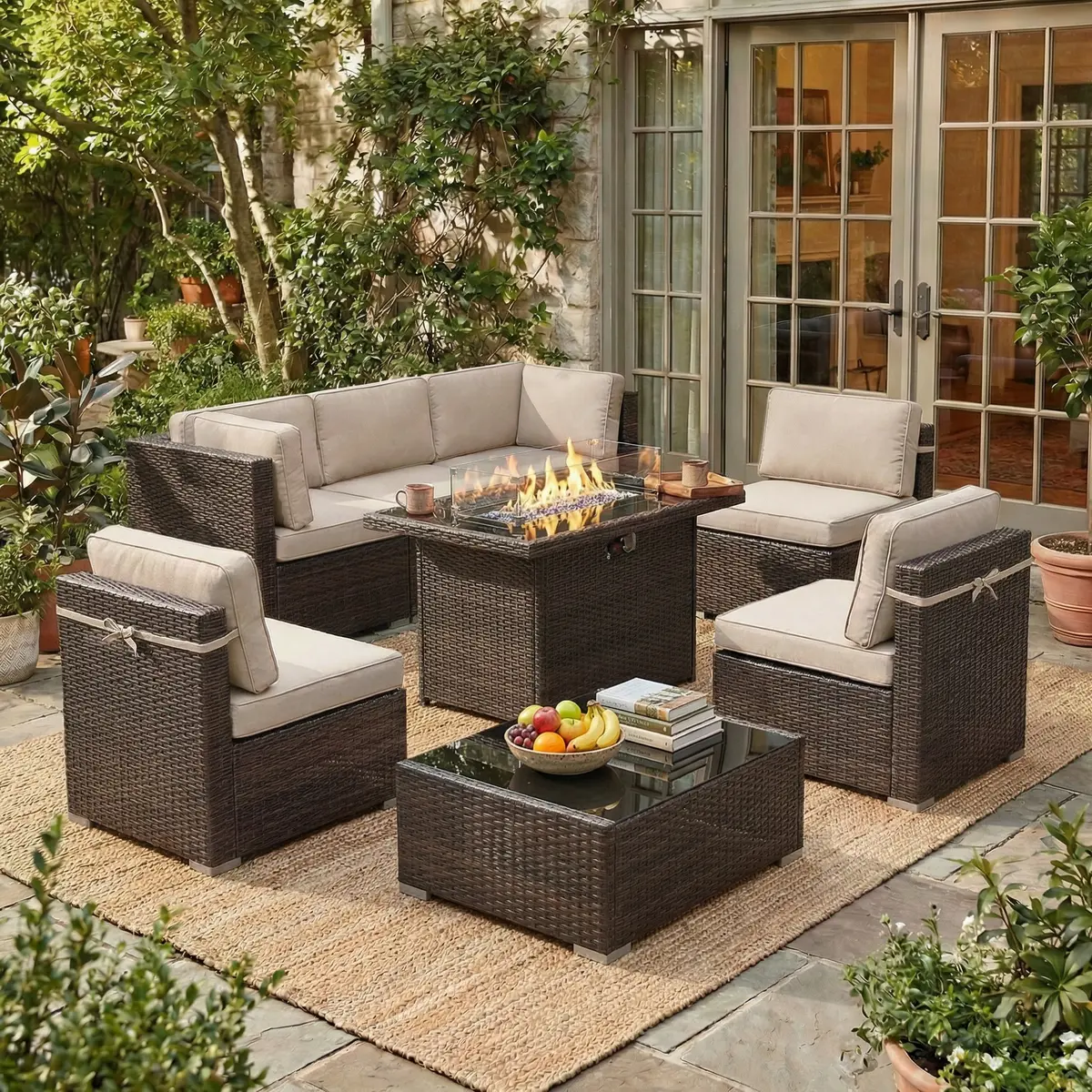 【5 Packages Shipping】LayinSun 8 Piece Patio Furniture Set with 44" Propane Gas Fire Pit Table, Outdoor Sectional Conversation Set Wicker Rattan Sofa Set with Coffee Table