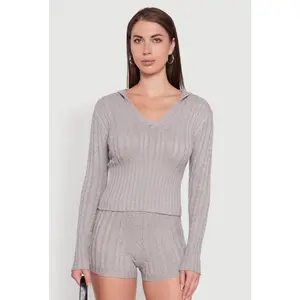 Cable Knit V Neck Hooded Sweater