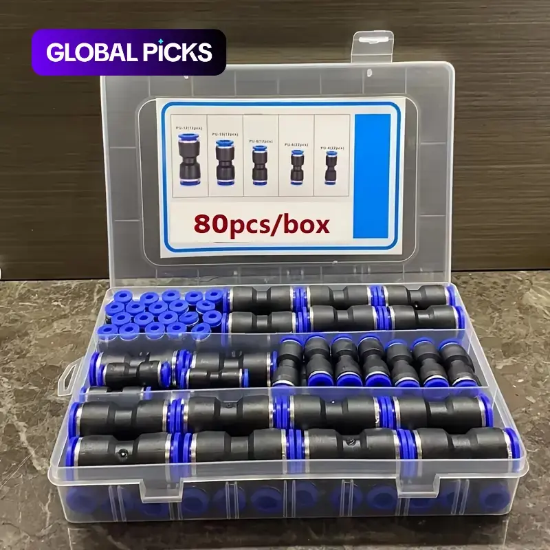 Quick-Connect Air Hose Pipe Fittings Kit, 80-Piece/Box Universal Thread Leak-Resistant Fittings for 5/32, 1/4, 5/16, 3/8 and 1/2 inch Tubes, Easy to Install, Air Hose Connectors #GLOBAL PICKS