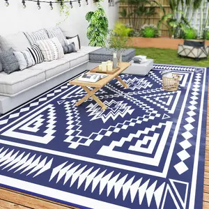 9x18ft Outdoor Rug – Blue & White Square Patchwork. Reversible – Flip for Fresh Style. Easy Clean – Hose Off or Wipe. Carry Bag Included. Great for RV, Deck or Tailgating