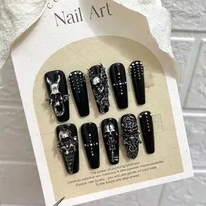 10 PCS Handmade 3D Silver Skull Press On Nails, Halloween Witch Armor Gothic Fake Nails, Long Ballerina Shape, Removable, Nail Art, The set includes storage box, acrylic stick, rubbing strip, jelly sticker