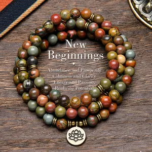 Vintage Bohemian 108 Mala Beads Healing Crystal StoneHandmade Stacked Elastic Bracelet -Picasso Stone NaturalMindfulness Long Beaded Wrap Gemstone Mala PrayerBeads Lotus Buddha Charm Yoga Japamala JewelryNecklace Elegant Lotus Pendant, Ramadan