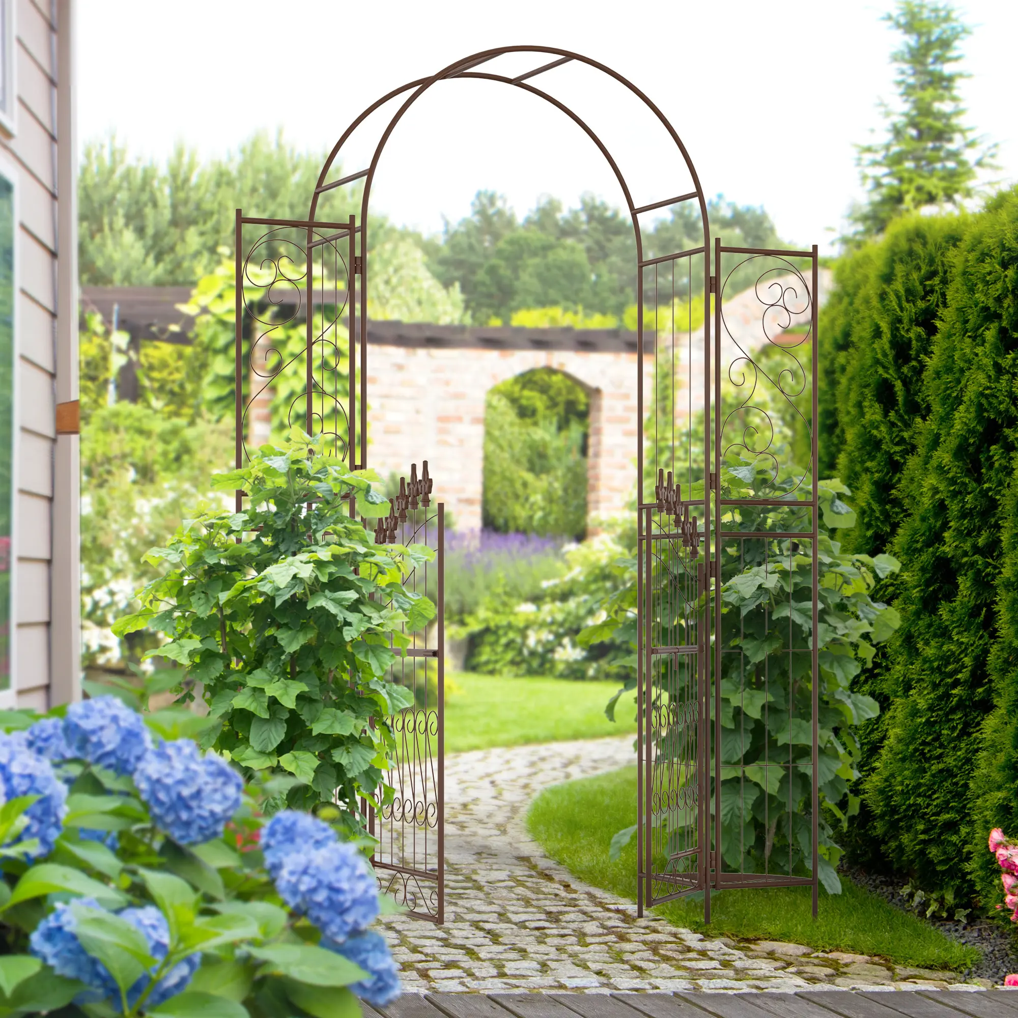 Metal Garden Arbor with Gate and Planter Shelves, Ideal for Climbing Vines, Weddings, Home Improvement Garden Supplies