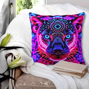 Vibrant Neon Leopard Print Throw Pillow with Digital Artwork, Stunning Mandala Patterns & Bright Blue Eyes, 45cm Square with Inner Cushion, Zipper Closure, Electric Decor for a Surreal Bedroom & Living Room Style