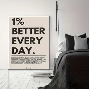 1% Better Every Day Motivational Canvas Wall Art, Minimalist Positive Quote Typography Print, Office Bedroom Inspirational Decor Unframed Canvas Poster or Framed Canvas Wrap