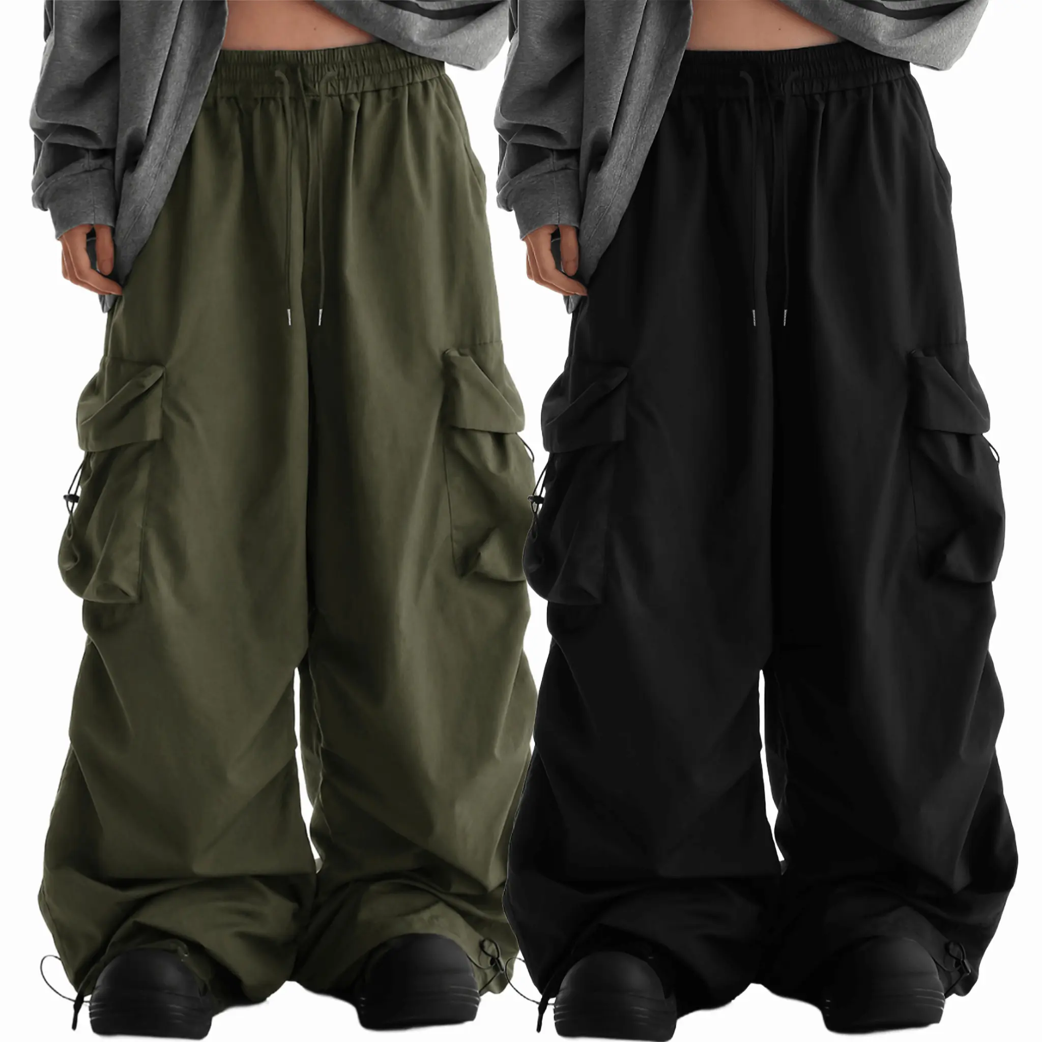 2-pack unisex loose-fit cargo pants with a casual design, wide legs, multiple pockets, and drawstring cuffs, suitable for both men and women.Casual athletic pants are perfect for dance, skateboarding, and everyday city wear.