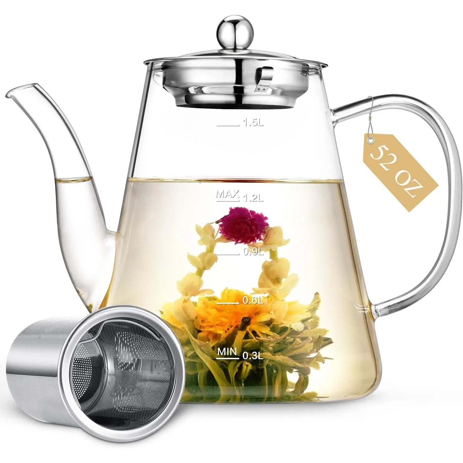 52 oz (1500ml) Modern Durable Borosilicate Glass Teapot with Infuser - Stovetop-Safe Hand-Crafted Kitchen Teapot, Effortless Pouring Spout, Sturdy Base, Precise Control, Handy Lid, Scale Line, for Loose Tea, Ideal for Tea Lovers, Backyard Parties, Brother