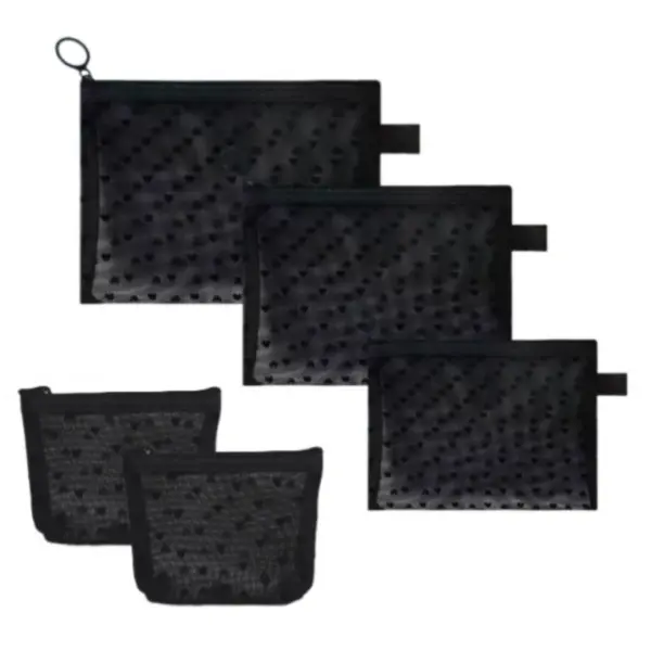 5-Piece Heart Printed Mesh Makeup Bag Set, Portable Travel Mesh Cosmetic Bags Toiletry Bags Makeup Purse Bags Mesh Zipper Storage Pouches for Home Offices Travel Accessories (Black)