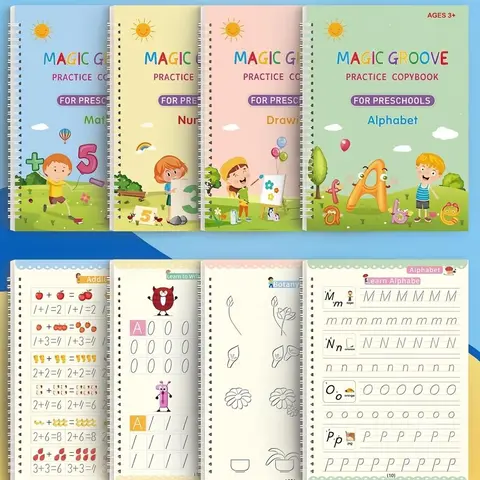 4 Pcs Reusable Grooved Handwriting Practice Books Magic Copybook with Disappearing Ink Pens Pencil Grips for Kids Age 3-8 Preschool Learning Activities