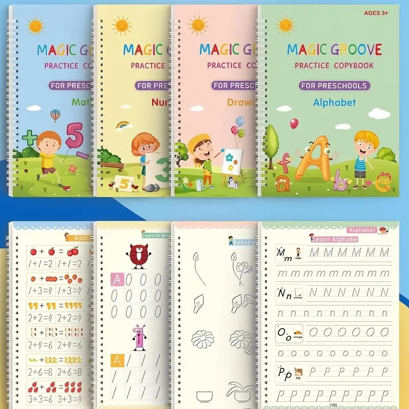 4 Pcs Reusable Grooved Handwriting Practice Books Magic Copybook with Disappearing Ink Pens Pencil Grips for Kids Age 3-8 Preschool Learning Activities