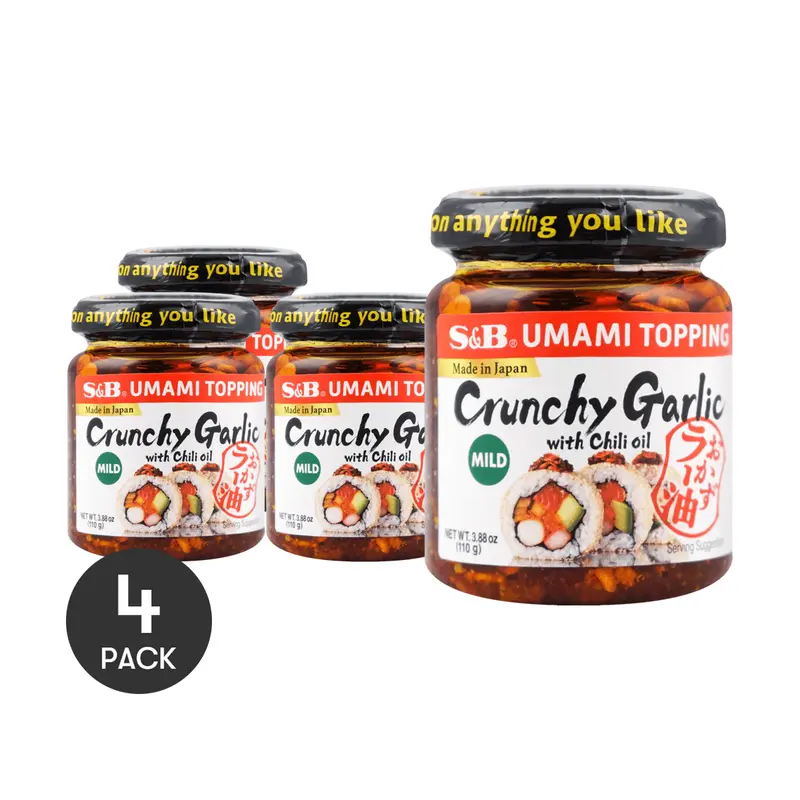 S&B Umami Topping Crunchy Garlic with Chili Oil - 4 Pack Mild Spicy Flavor Dip Garlic Rice Sauce 110g Each Random Packaging Salt