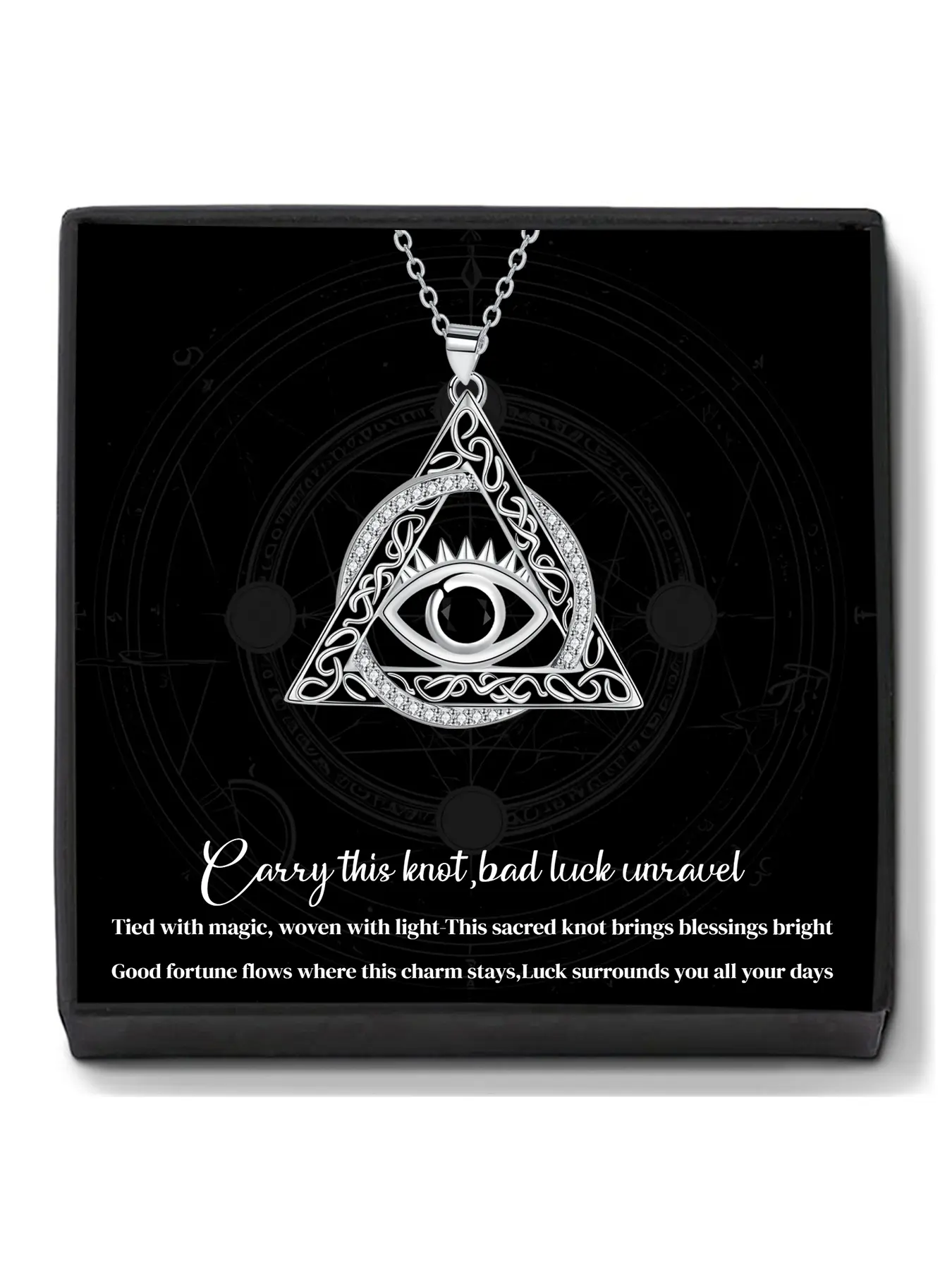 Evil Eye Celtic Knot Pendant Necklace With Blessing Message Card, Copper Chain, Triangle Evil Eye Vintage Necklace for Women Men, Protection Ancient Mystic Symbol Amulet Jewelry Gift Eternity Interconnectedness