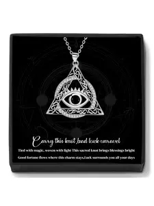 Evil Eye Celtic Knot Pendant Necklace With Blessing Message Card, Triangle Evil Eye Vintage Necklace for Women Men, Protection Ancient Mystic Symbol Amulet Jewelry Gift