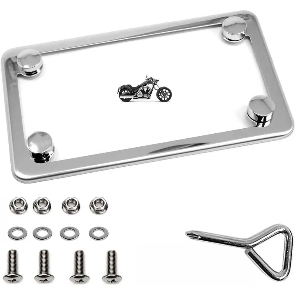 Motorcycle Polished Stainless Steel License Plate Frame, Chrome, Rustproof, Easy Install, Compatible with M6x20mm Hardware, Universal