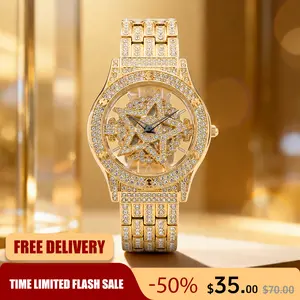 Luxury Watches For Ladies And Gentlemen Luxury Round Dial Diamond-Encrusted With Rotating Star Design Quartz Watch - Fashionable Sparkling & Versatile Timeless Classic Design With Adjustment Tool Birthday Gifts