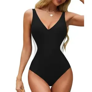 Women Contrast Color Tie Back V Neck Swimsuit Waist Cinching Swimsuit Plus Size Swimwear S-xxl