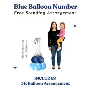 Blue Balloon Number Free Standing Arrangement with Silver Mylar Balloon Topper Customizable Numbers 0-9 Easy Setup No Helium Required Perfect for Birthdays Graduations Weddings