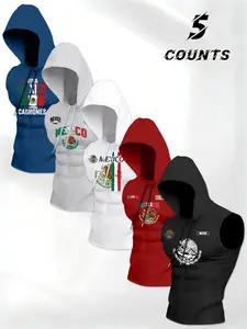 Men's Sleeveless Hooded T-Shirt Set, Fashion Mexican Theme Cultural Emblem Flag Print, Comfortable Knit Daily Wear, Trendy Summer Clothing, Tops