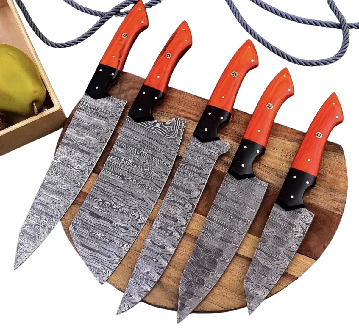 AjSanity Handmade Damascus Steel 5 Piece Kitchen Knife Set High Performance Chef Cutlery Set