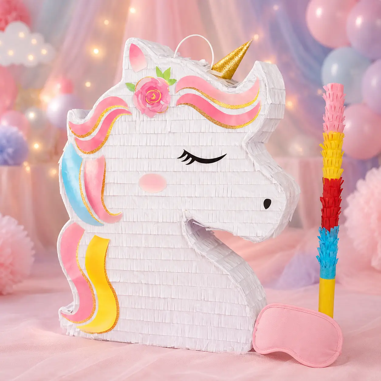【Handmade】WERNNSAI Unicorn Piñata Girls - Kids Birthday Party Bundle with Blindfold, Bat and Stick, Carnival Decorations, Fiesta Theme Birthday Gift Basket Party Favors Assortment, Princess, piñata para niños fiesta cumpleaños infantil(15.7"x12.2"x3.1")