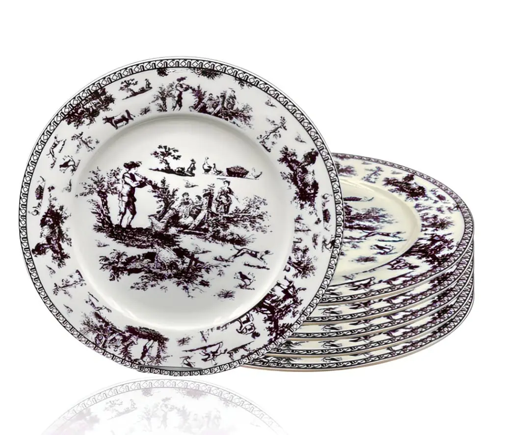 W&S Classics Classic French Luxury Round Dinner Plates 10.5 Inches Colorful Ceramic Flat Plates Set of 6 Large Serving Plates for Party Dishes for Appetizer Salad Desert Steak Black Solid Design Dishwasher Safe Black