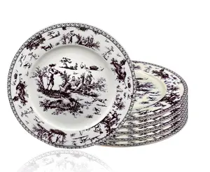 W&S Classics Classic French Luxury Round Dinner Plates 10.5 Inches Colorful Ceramic Flat Plates Set of 6 Large Serving Plates for Party Dishes for Appetizer Salad Desert Steak Black Solid Design Dishwasher Safe Black