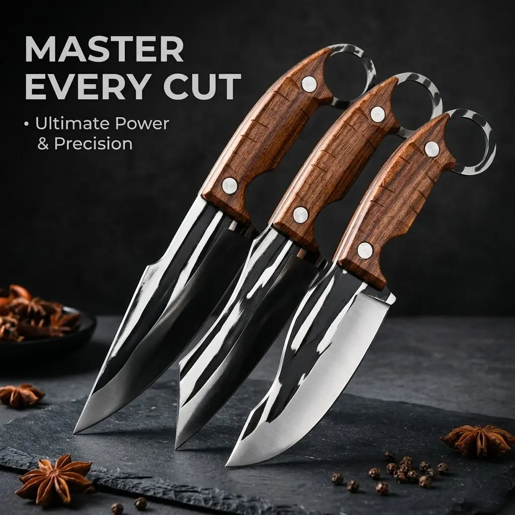 3Pcs Forged Chef Knife Set Stainless Steel Meat Cleaver & Boning Knife with Ergonomic Wooden Handle Razor-Sharp Full-Tang Butcher Knife for Kitchen Cooking Meat Cutting Slicing & BBQ