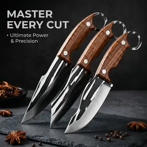 3Pcs Forged Chef Knife Set Stainless Steel Meat Cleaver & Boning Knife with Ergonomic Wooden Handle Razor-Sharp Full-Tang Butcher Knife for Kitchen Cooking Meat Cutting Slicing & BBQ