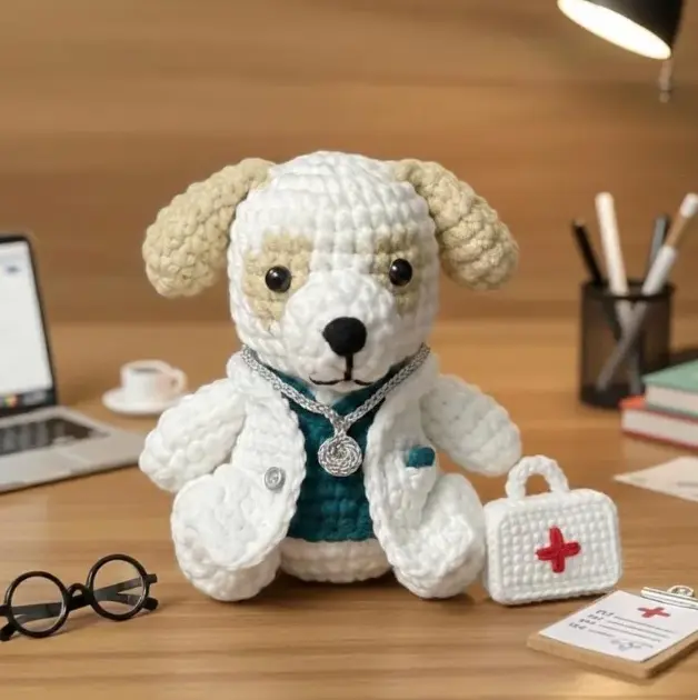 Handmade Crochet Doctor Dog Plush | Cute Amigurumi Nurse Dog Doll with Stethoscope | Soft Knit Medical Graduation Gift | Unique Appreciation Gift for Doctors & Nurses