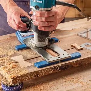 Rockler Flush-Cutting Router Jig with Adjustable Arms for Compact & Midsize Routers, 4-1/2'' Maximum Bit Travel, Anodized Aluminum Plate, Dual Motion for Larger Inlays