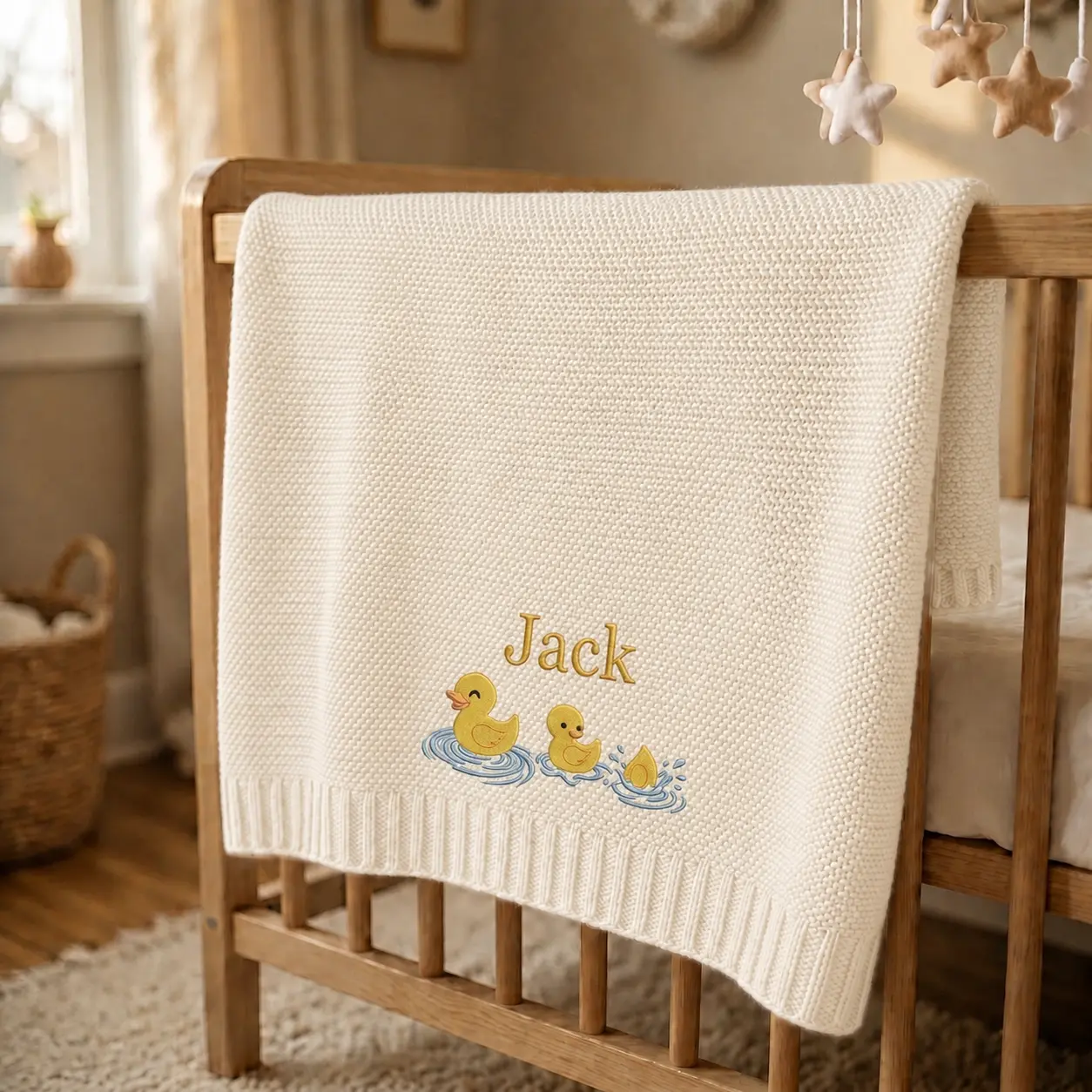 [Made-to-Order] Custom 3 Yellow Duck Embroidered Knit Baby Blanket, Personalized Name Blanket, Farm Animal Nursery Decor, Newborn Gift