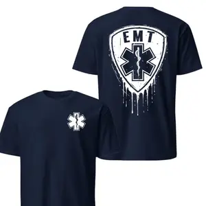 EMT Shield Star of Life T-Shirt, Distressed Drip Graphic Tee, Soft Cotton Navy Blue First Responder Apparel for Men & Women, Unique Emergency Medical Technician Gift