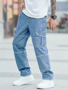 Men's Solid Color Straight Leg Baggy Cargo Jeans, Loose Casual Streetwear Fashion Flap Pocket & Slant Pocket Design Denim Trousers Pants for Daily Wear, Men's All-match Bottoms for All Seasons, Cotton, Menswear