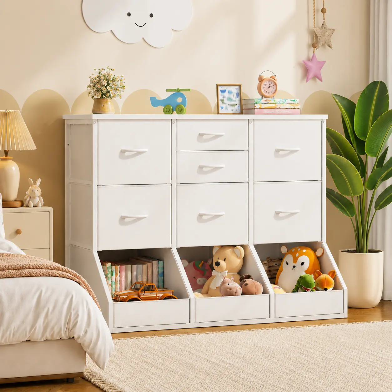 Raybee White 7 Drawer Fabric Dresser with 3 Open Cubbies, Stylish Space-Saving Storage Organizer, Chest of Drawers & Cabinet for Bedroom, Metal Frame & Wood Top, Multi-Functional Vertical Storage for Small Spaces, Home Office, Closet, Entryway, Hallway